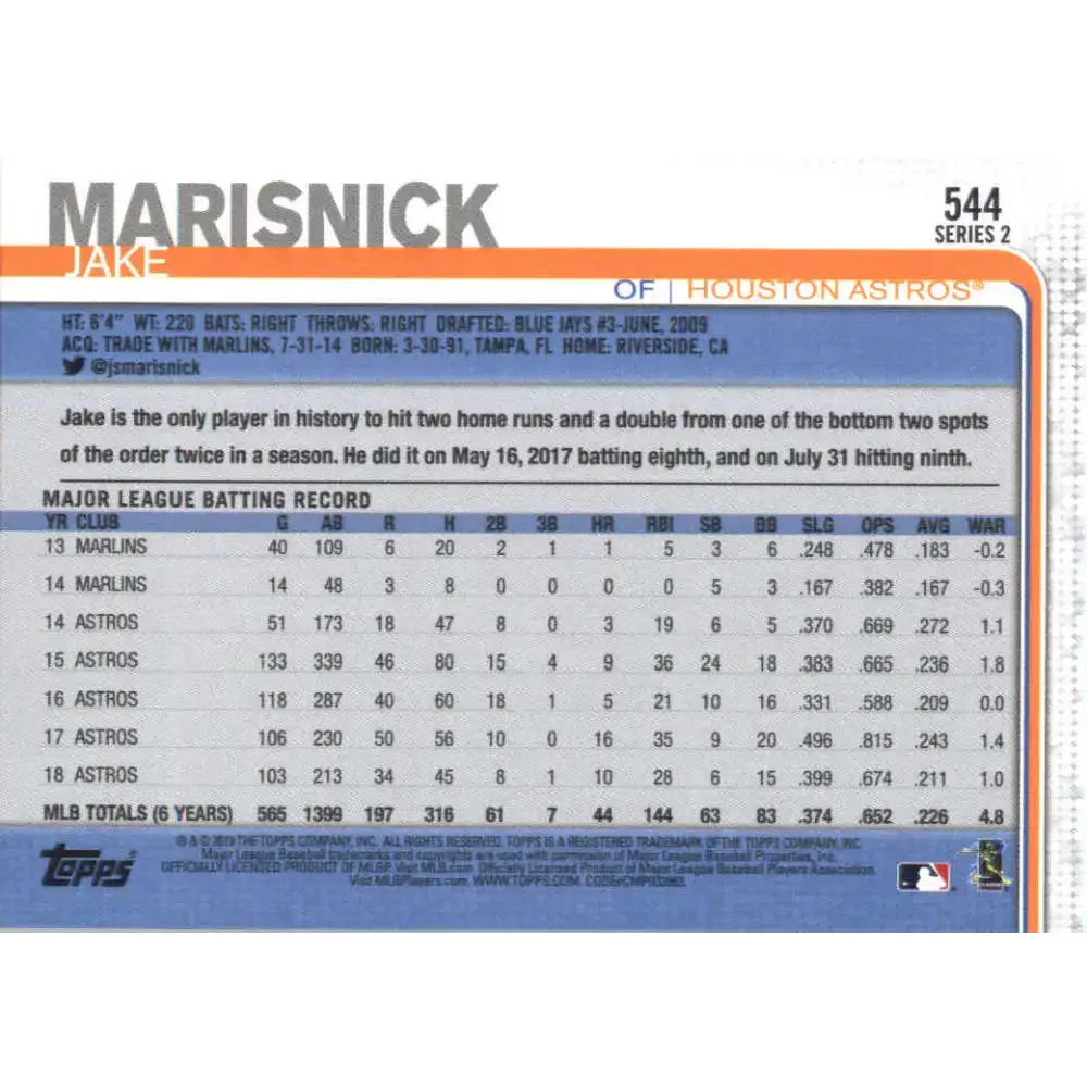 2019 Topps #544 Jake Marisnick NM-MT Houston Astros Baseball Card - Baseball Card Single