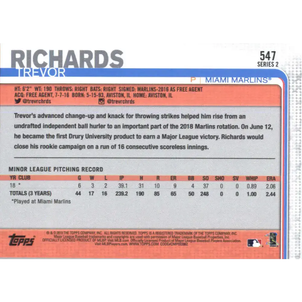 2019 Topps #547 Trevor Richards NM-MT RC Rookie Miami Marlins Baseball Card