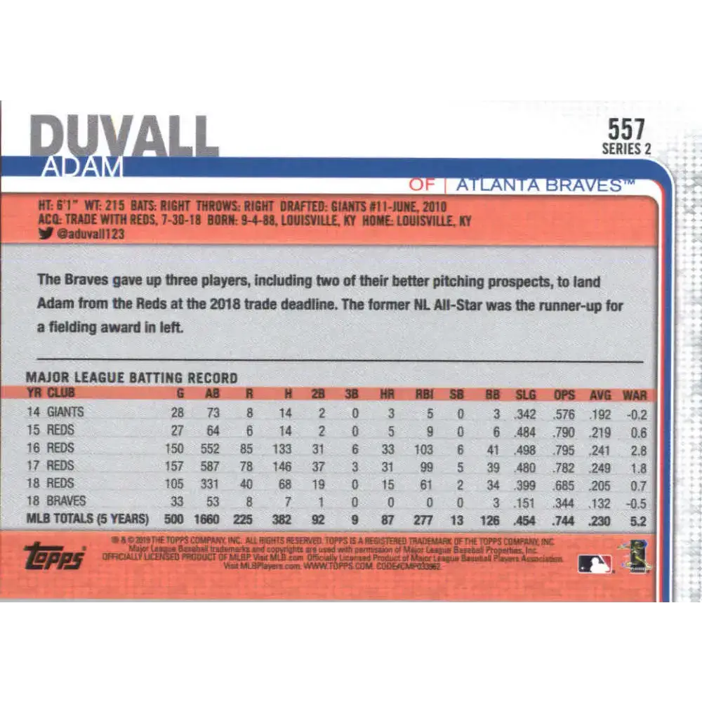 2019 Topps #557 Adam Duvall NM-MT Atlanta Braves Baseball Card - Baseball Card Single
