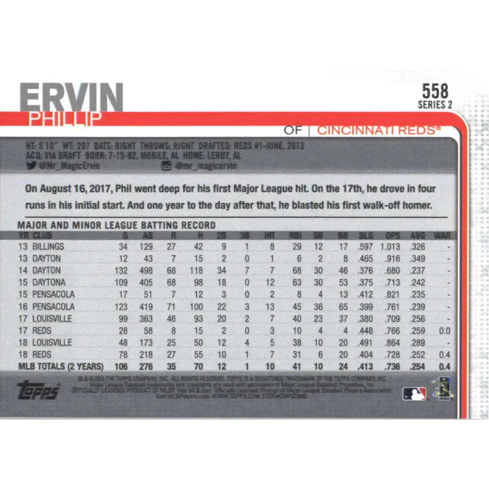 2019 Topps #558 Phillip Ervin NM-MT Cincinnati Reds Baseball Card - Baseball Card Single