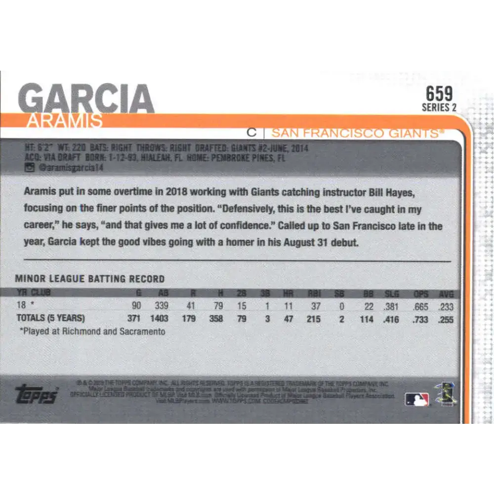2019 Topps #659 Aramis Garcia NM-MT RC Rookie San Francisco Giants Baseball Card - Baseball Card Single
