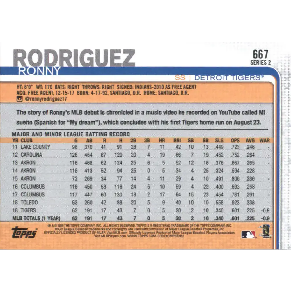 2019 Topps #667 Ronny Rodriguez NM-MT RC Rookie Detroit Tigers Baseball Card - Baseball Card Single