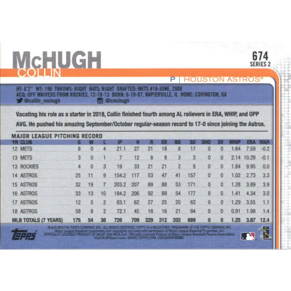 2019 Topps #674 Collin McHugh NM-MT Houston Astros Baseball Card - Baseball Card Single