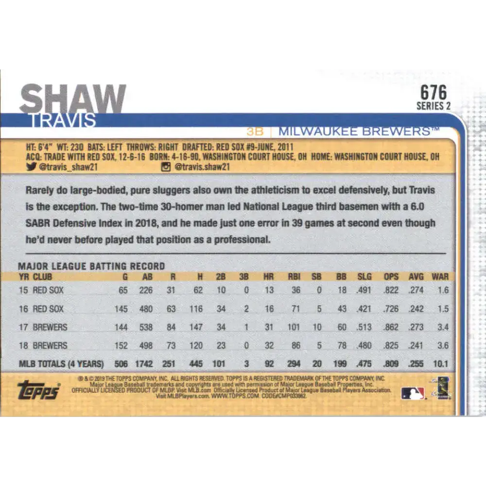 2019 Topps #676 Travis Shaw NM-MT Milwaukee Brewers Baseball Card - Baseball Card Single