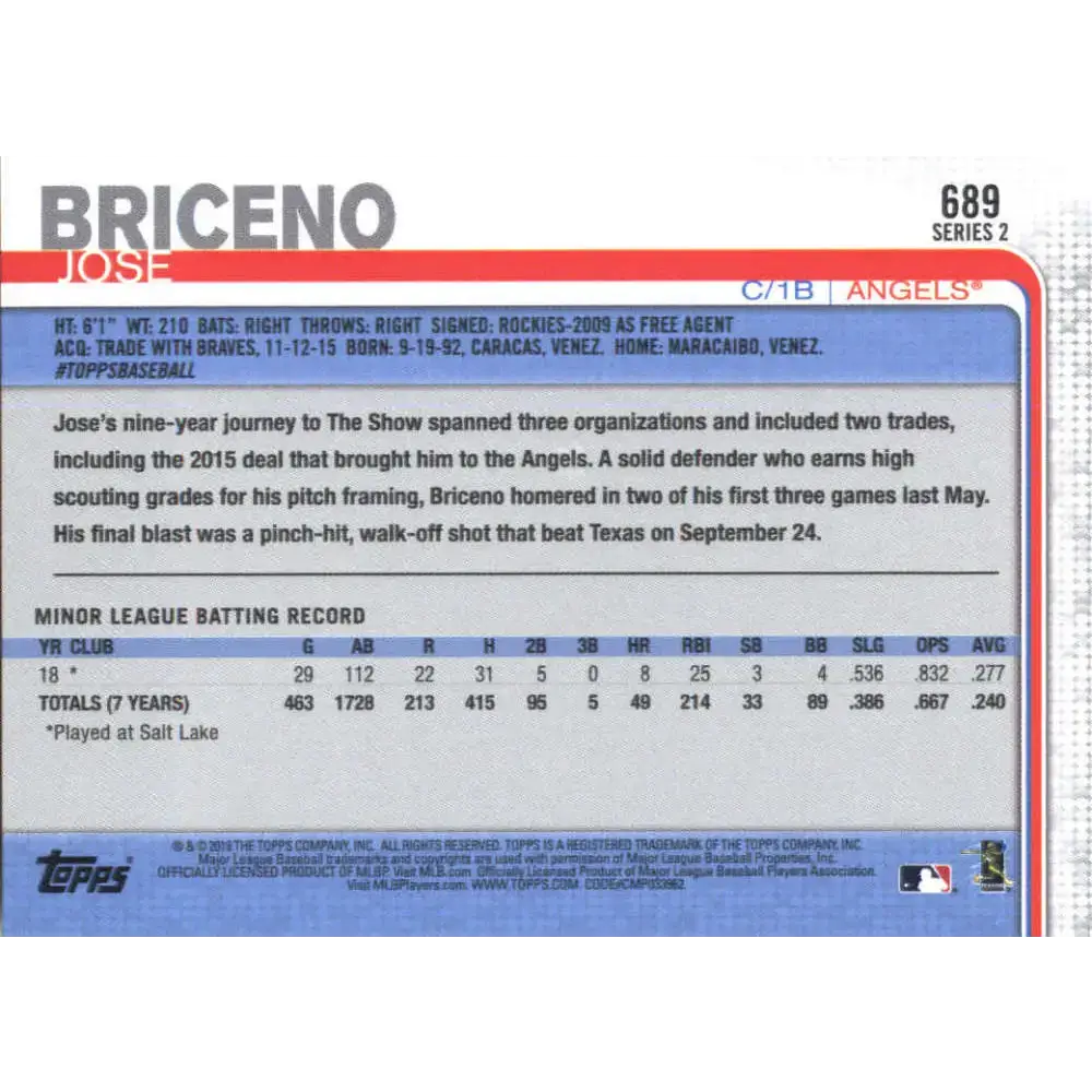 2019 Topps #689 Jose Briceno NM-MT RC Rookie Los Angeles Angels Baseball Card - Baseball Card Single