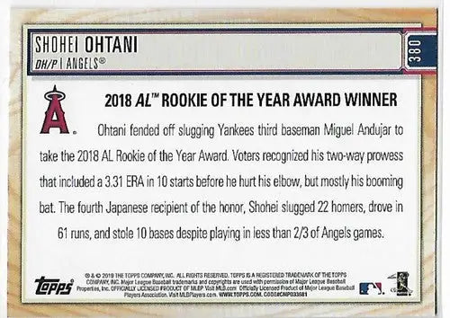 Shohei Ohtani baseball card back from 2019 Topps Big League Blue series