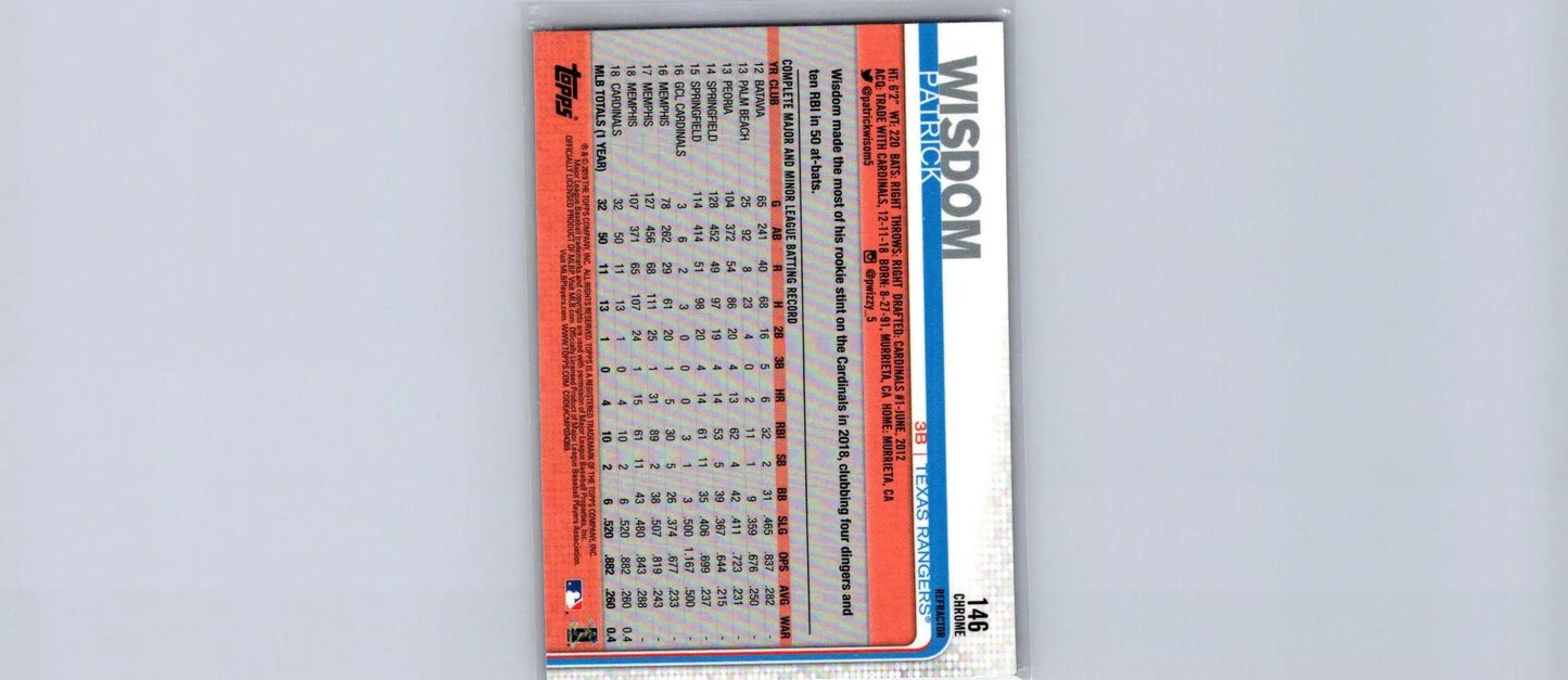 Baseball card back of 2019 Topps Chrome Patrick Wisdom Sepia Refractor
