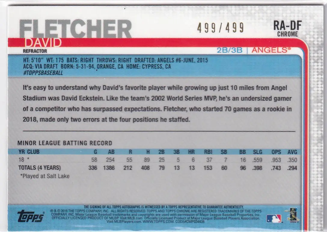 2019 TOPPS CHROME #RA-DF DAVID FLETCHER AUTO 499/499- ANGELS - Baseball Card Single