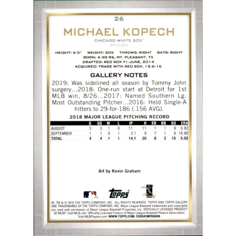 2019 Topps Gallery #26 Michael Kopech NM-MT RC Rookie Chicago White Sox Baseball Card - Baseball Card Single