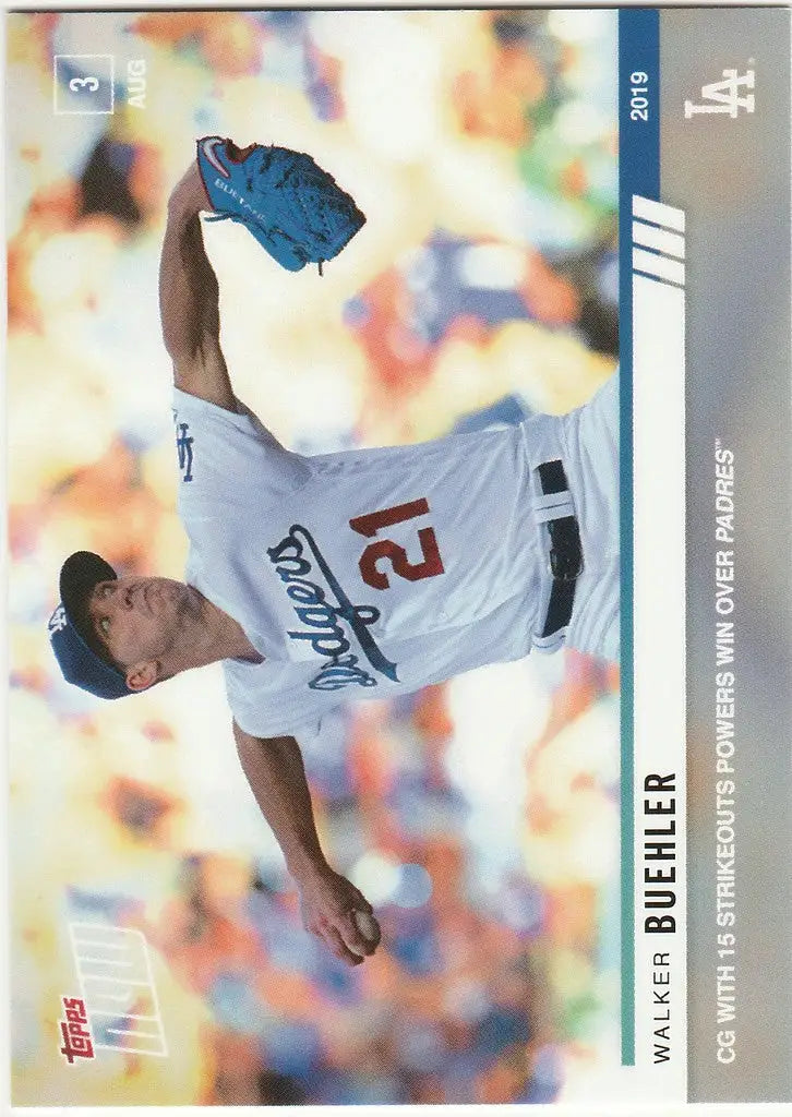 Baseball player in white Dodgers jersey pitching, showcasing Walker Buehler complete game