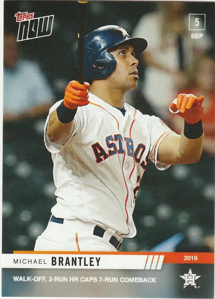 Baseball player Michael Brantley in Astros uniform swinging bat for walk-off HR