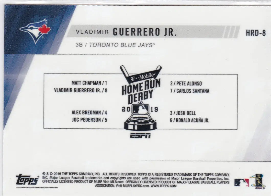 Back of 2019 TOPPS NOW Vladimir Guerrero Jr. baseball card featuring Toronto Blue Jays players