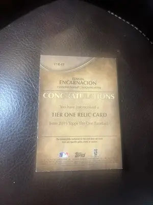 Edwin Encarnacion baseball card from 2019 Topps Tier One Tier One Relics series