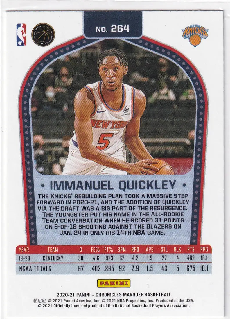 2020-21 CHRONICALS MARQUEE #264 IMMANUEL QUICKLEY- NEW YORK KNICKS - Basketball Card Single