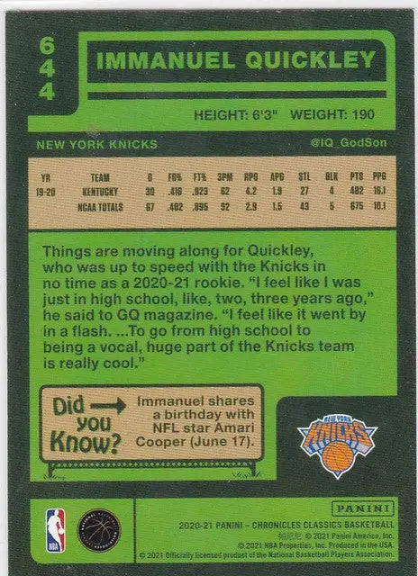 Basketball trading card of Immanuel Quickley for New York Knicks Chronicles Classics