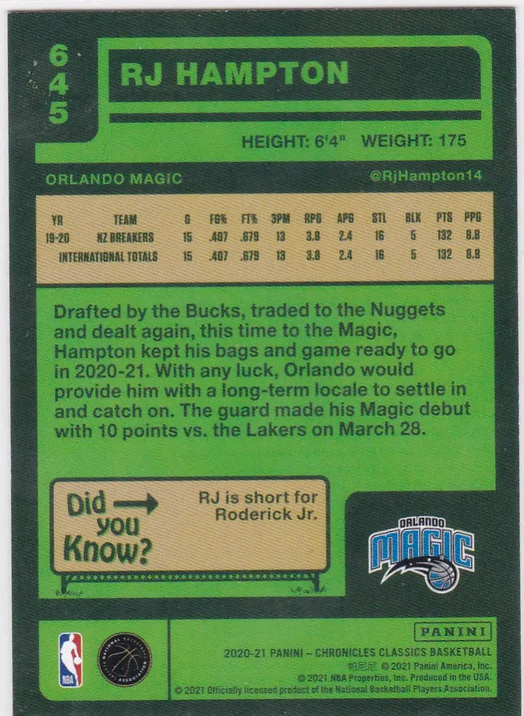 RJ Hampton RC Orlando Magic trading card from 2020-21 Chronicles Classics set