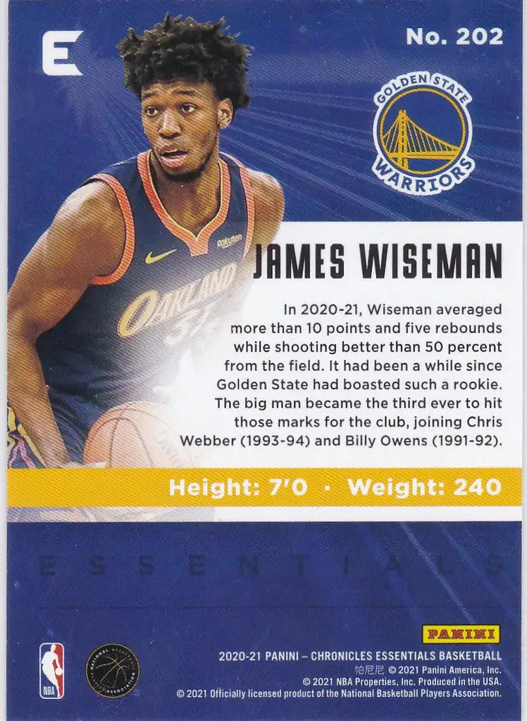 2020-21 Chronicles Essentials #202 James Wiseman RC Goldne State Warriors - Basketball Card Single