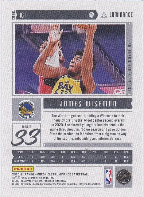 Basketball trading card of James Wiseman RC from Chronicles Luminance featuring Golden State Warriors