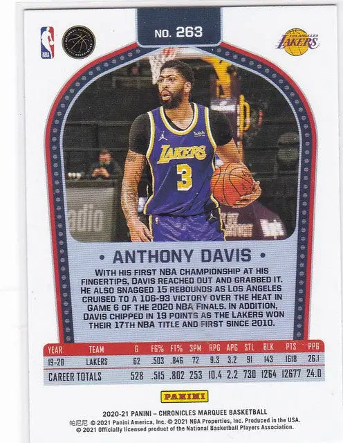 Basketball trading card of Anthony Davis Green parallel for Los Angeles Lakers Chronicles Marquee