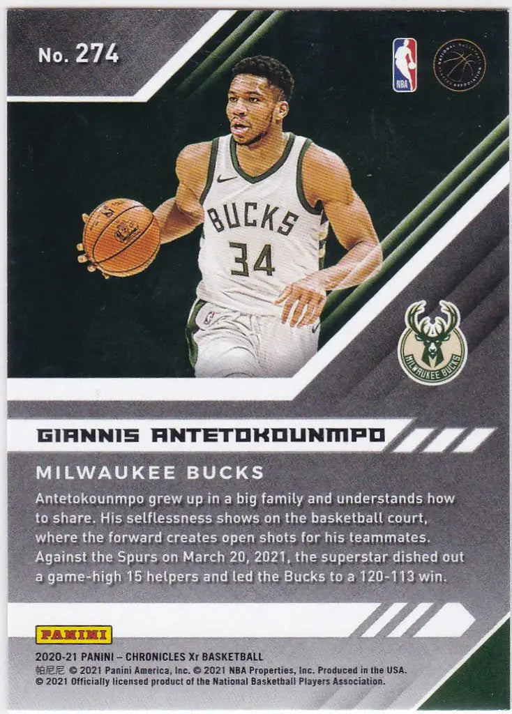 Basketball trading card of Giannis Antetokounmpo, Milwaukee Bucks in white jersey