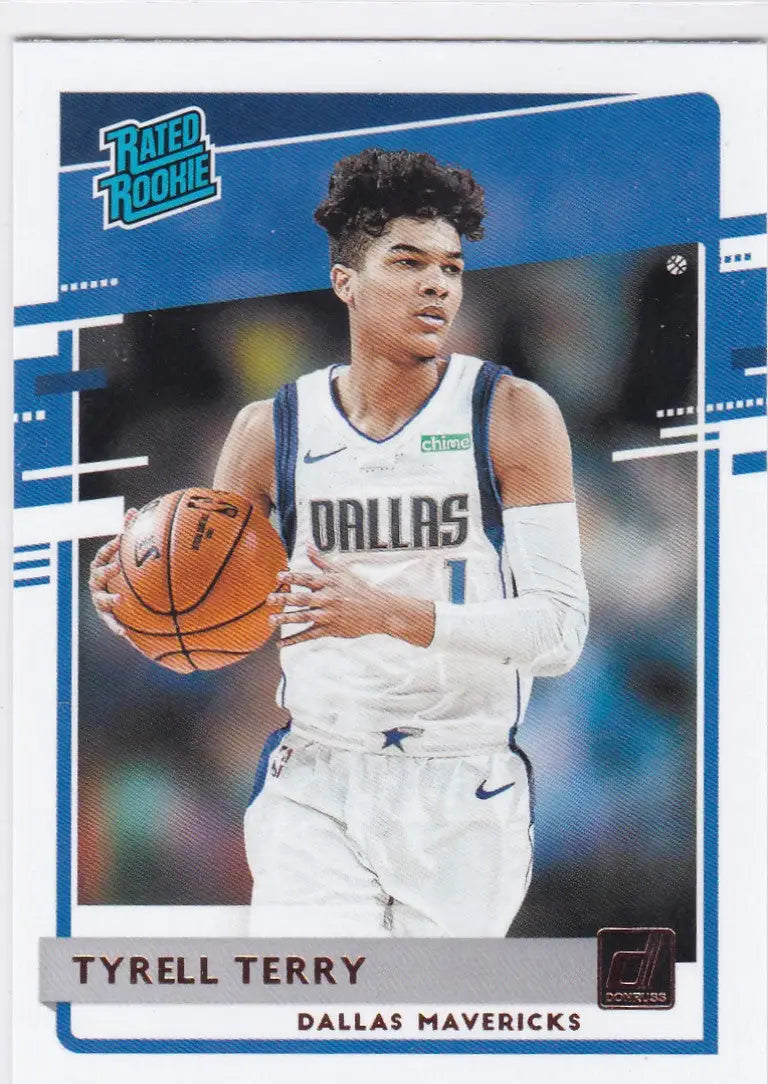 Basketball trading card of Tyrell Terry Dallas Mavericks in white uniform, Donruss Rated Rookie