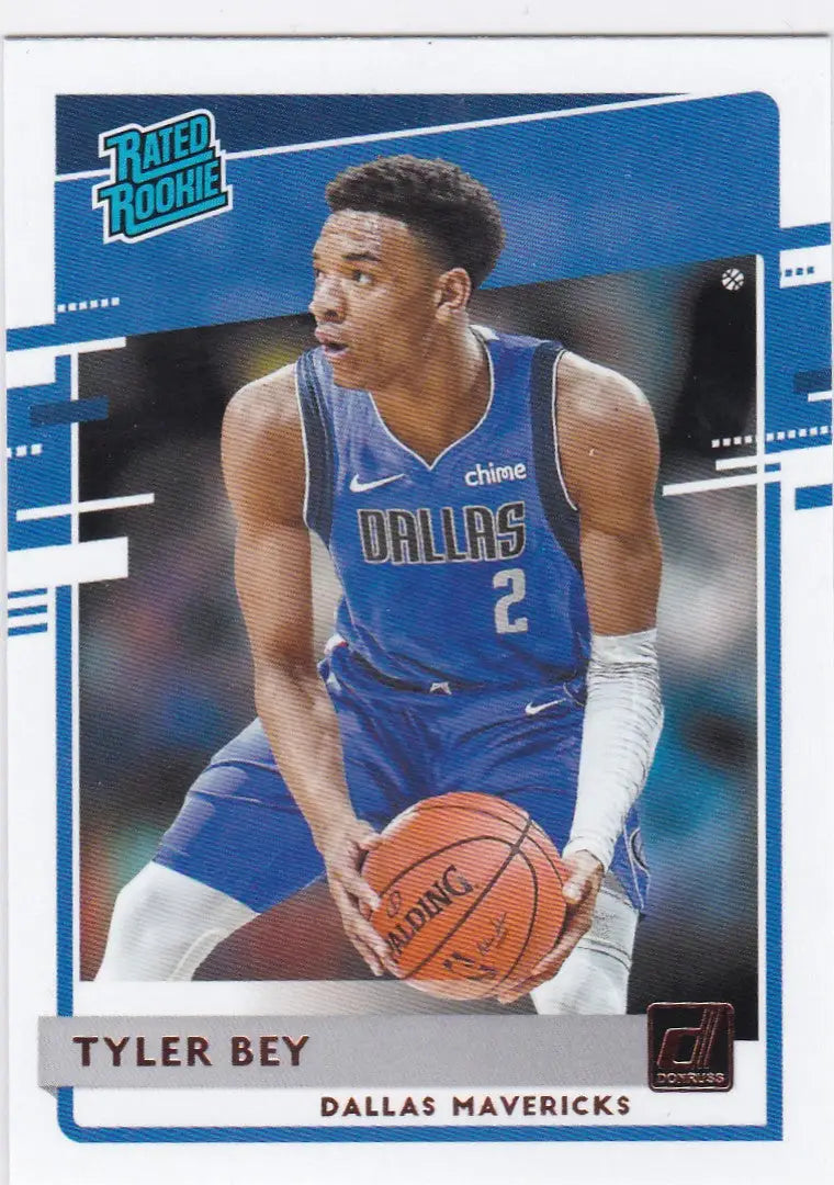 Basketball trading card of Tyler Bey Dallas Mavericks in blue uniform, Donruss Rated Rookie