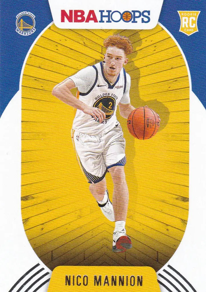 Basketball trading card of Nico Mannion dribbling for the Golden State Warriors NBA Hoops