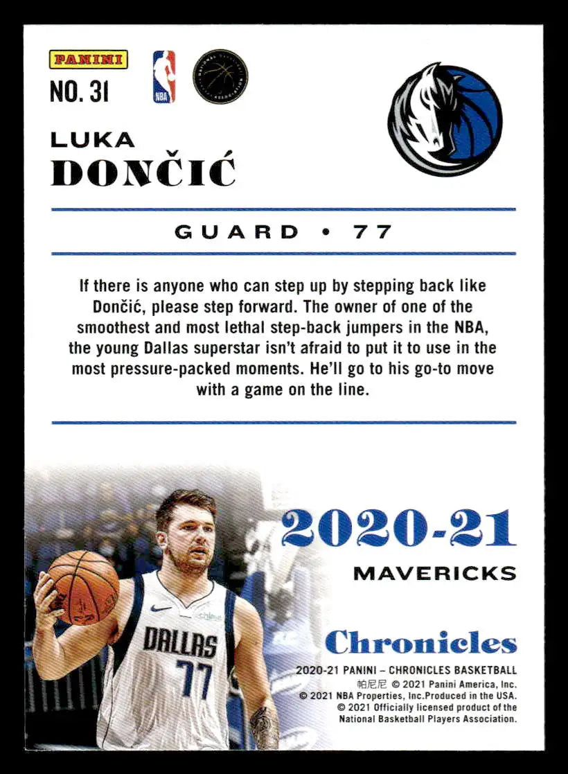 2020-21 Panini Chronicles #31 Luka Doncic Base Dallas Mavericks - Basketball Card Single