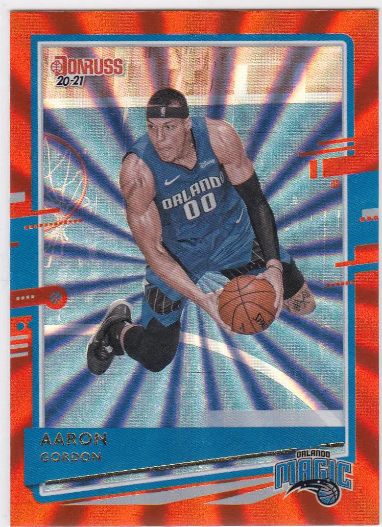 Basketball trading card of Aaron Gordon in dribbling pose for Orlando Magic orange laser