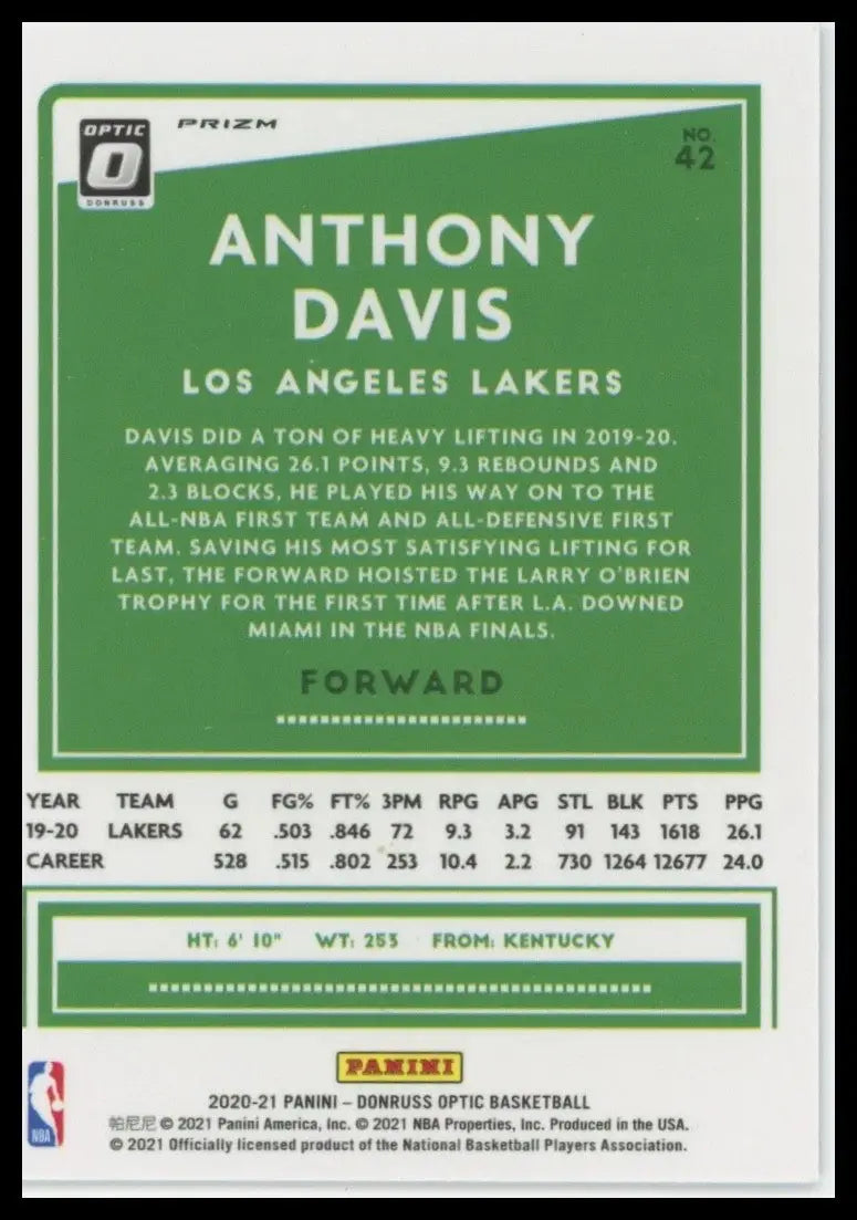 2020-21 Panini Donruss Optic - Anthony Davis #42 Holo Prizm - Basketball Card Single