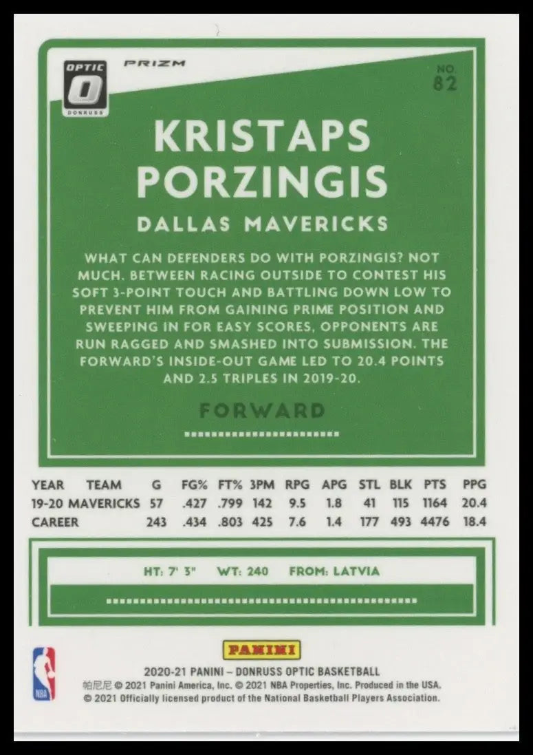 2020-21 Panini Donruss Optic - Kristaps Porzingis #82 Pink Hyper Prizm - Basketball Card Single