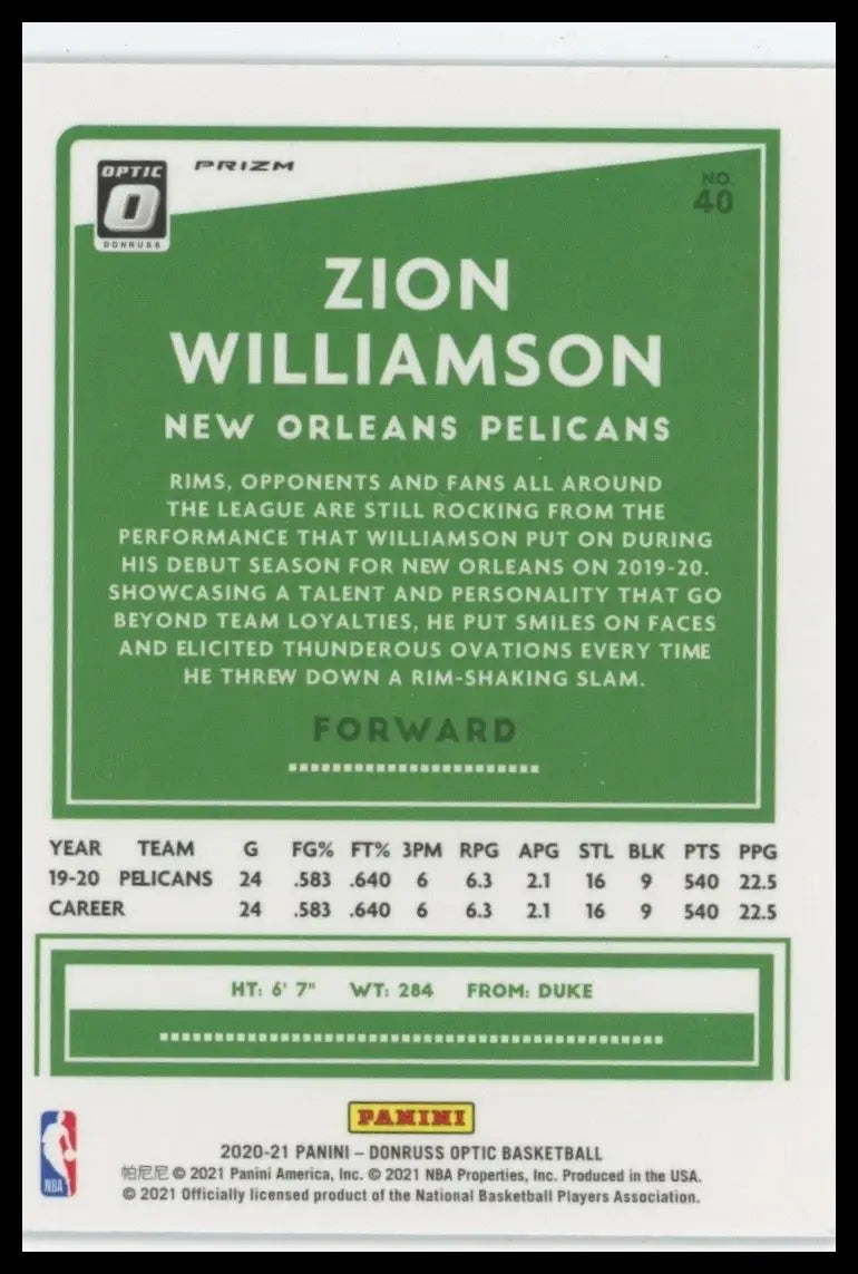 2020-21 Panini Donruss Optic - Zion Williamson #40 Holo Prizm - Basketball Card Single