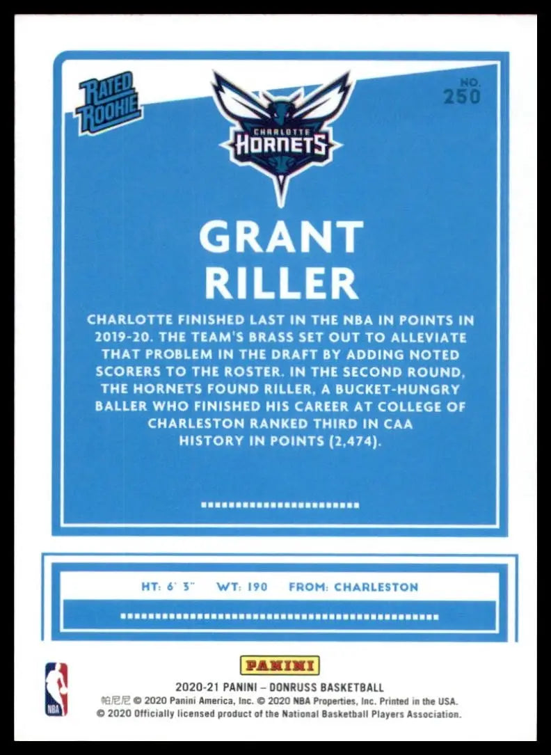 2020-21 Panini Donruss Rookie Grant Riller #250 Charlotte Hornets Basketball NBA - Basketball Card Single