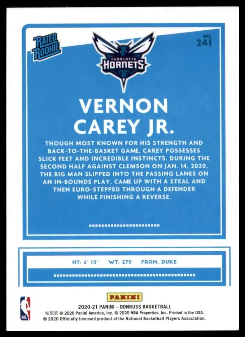 2020-21 Panini Donruss Rookie Vernon Carey Jr #241 Charlotte Hornets Basketball - Basketball Card Single