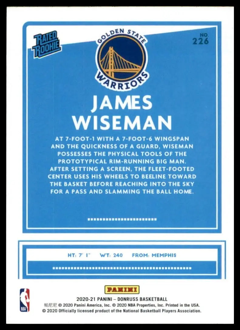 2020-21 Panini Donruss Rookies James Wiseman #226 Golden State Warriors Card NBA - Basketball Card Single
