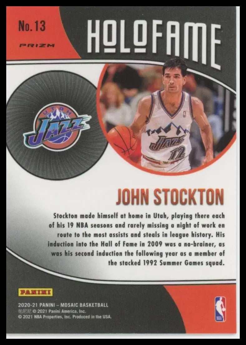 2020-21 Panini Mosaic Holofame Green Mosaic John Stockton #13 Utah Jazz Card NBA - Basketball Card Single