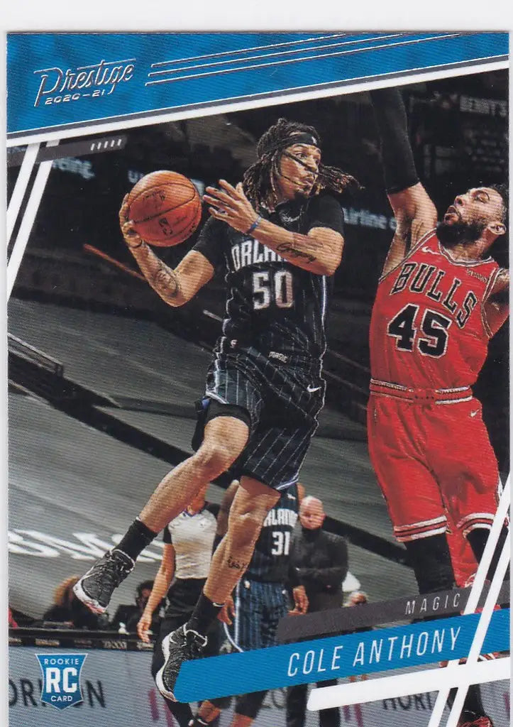 Basketball trading card of Cole Anthony RC, driving to the basket in Panini Prestige
