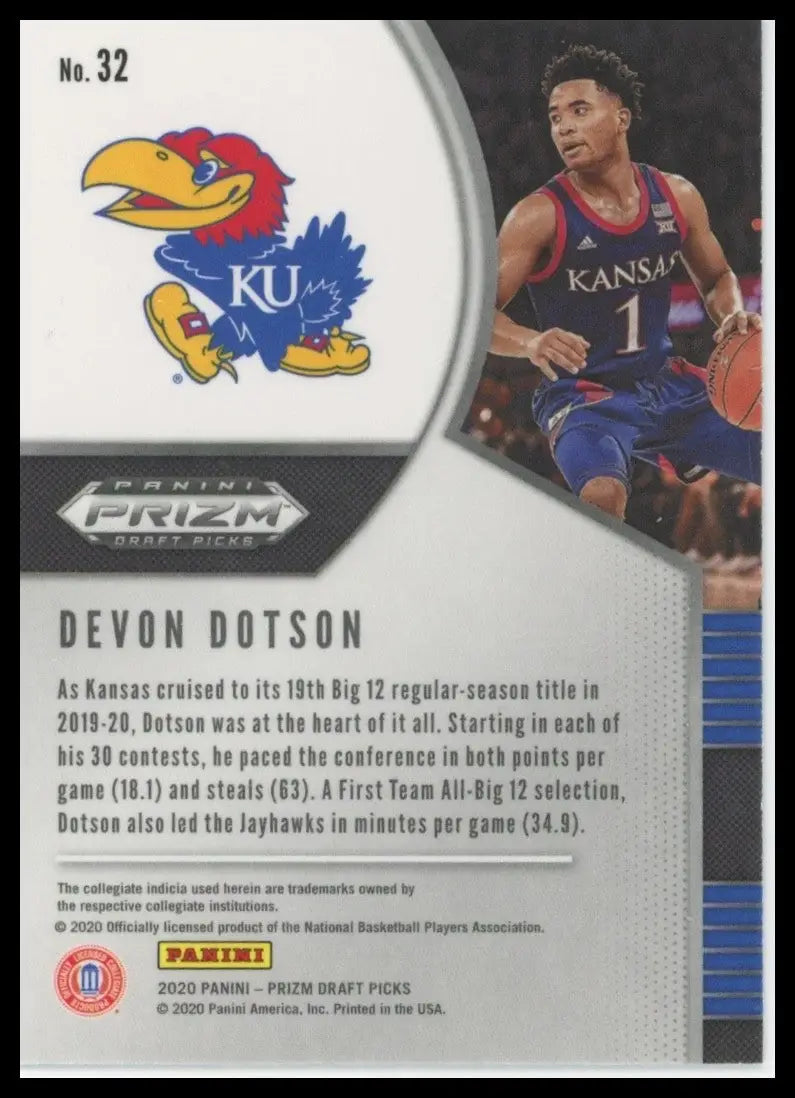 2020-21 Panini Prizm Draft Picks Devon Dotson #32 Rookie Kansas Jayhawks Card - Basketball Card Single