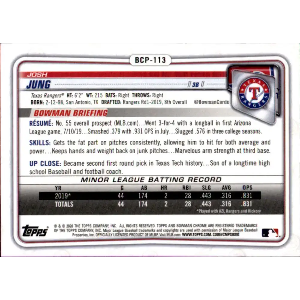 2020 Bowman Chrome Prospects #BCP-113 Josh Jung NM-MT Texas Rangers Baseball Card - Baseball Card Single