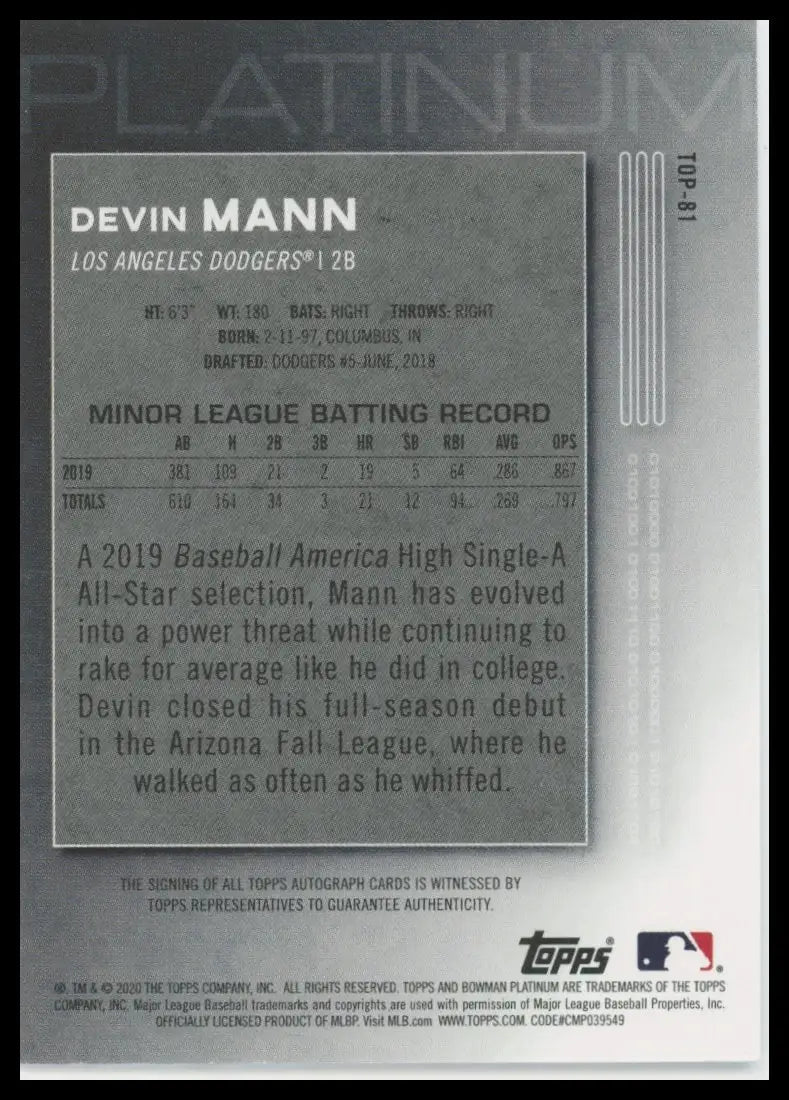 2020 Bowman Platinum - Top Prospects Orange Devin Mann TOP-81 /25 LA Dodgers NM - Baseball Card Single