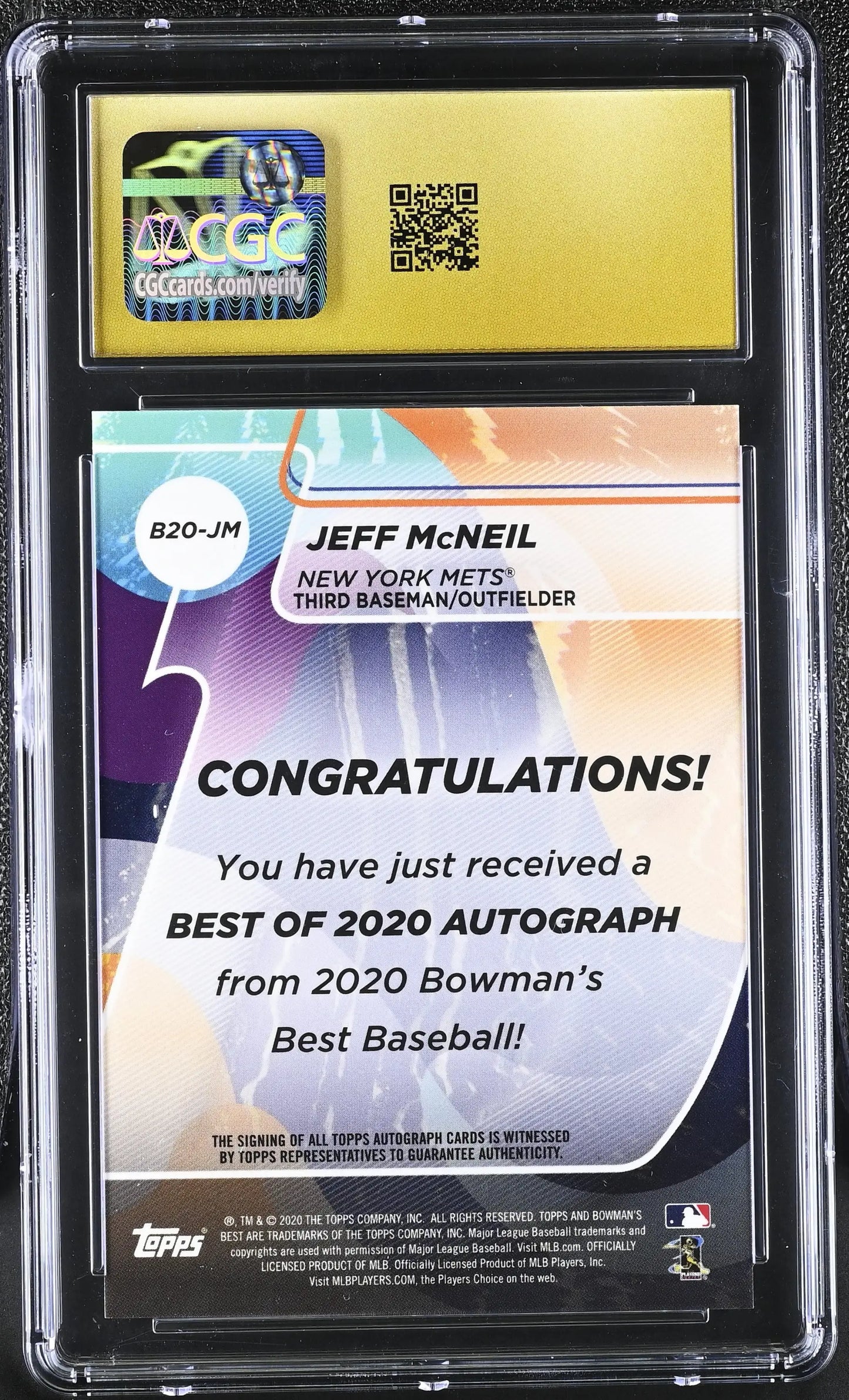 2020 Bowman’s Best Jeff McNeil Best of 2020 Autographs Refractor CGC 10 Pristine - Baseball Card Single