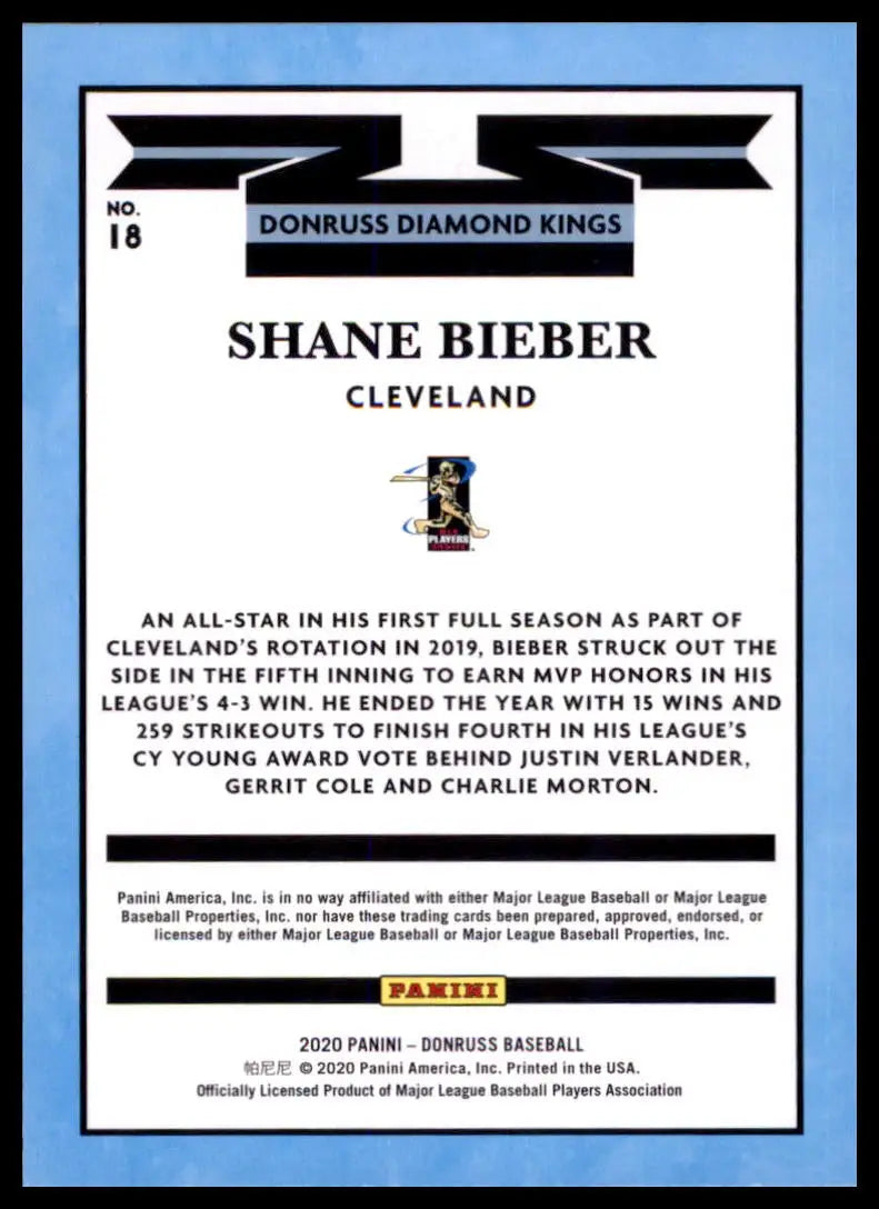 2020 Donruss - Holo Blue Shane Bieber 18 Cleveland Indians NM - Baseball Card Single