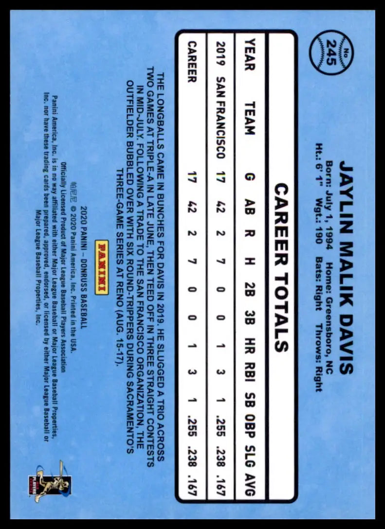 2020 Donruss - Holo Orange Jaylin Davis 245 San Francisco Giants Baseball NM - Baseball Card Single