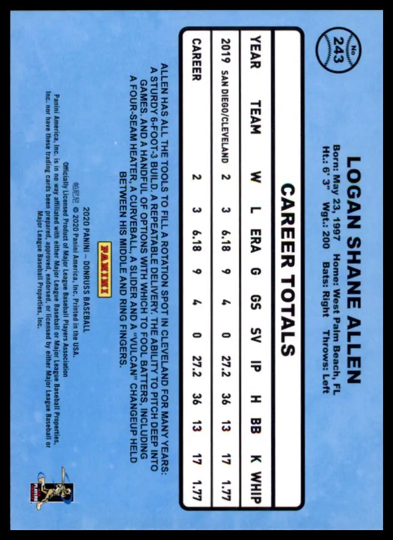 2020 Donruss - Holo Orange Logan Allen 243 Cleveland Indians NM - Baseball Card Single