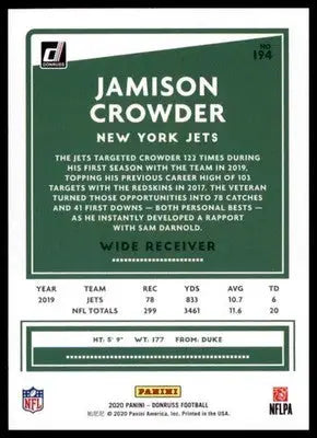 2020 Donruss Jamison Crowder 194 New York Jets - Football Card Single