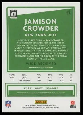 2020 Donruss Optic Jamison Crowder 78 New York Jets - Football Card Single
