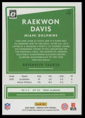 2020 Donruss Optic Raekwon Davis RC 134 Miami Dolphins - Football Card Single