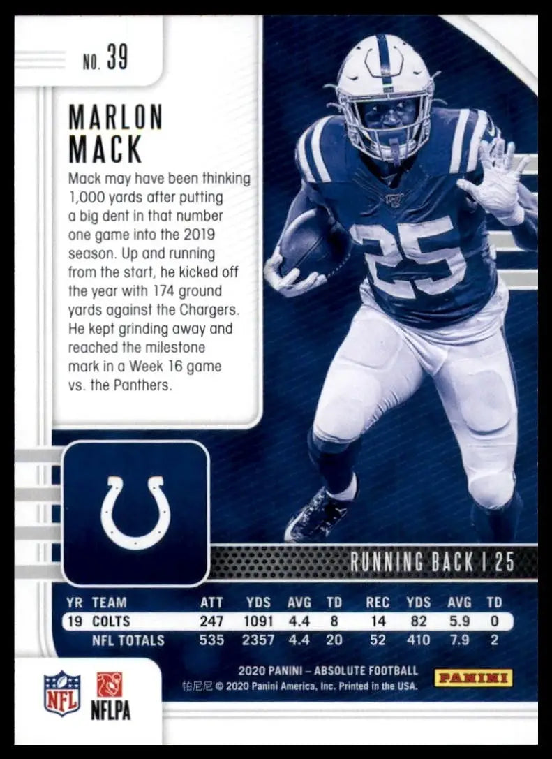 2020 Panini Absolute Marlon Mack #39 Indianapolis Colts Football Card NFL Sports - Football Card Single