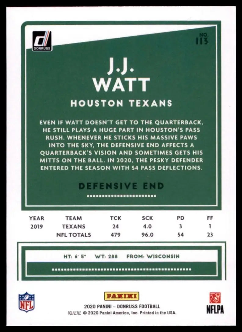 2020 Panini Donruss - J.J. Watt #113 - Football Card Single
