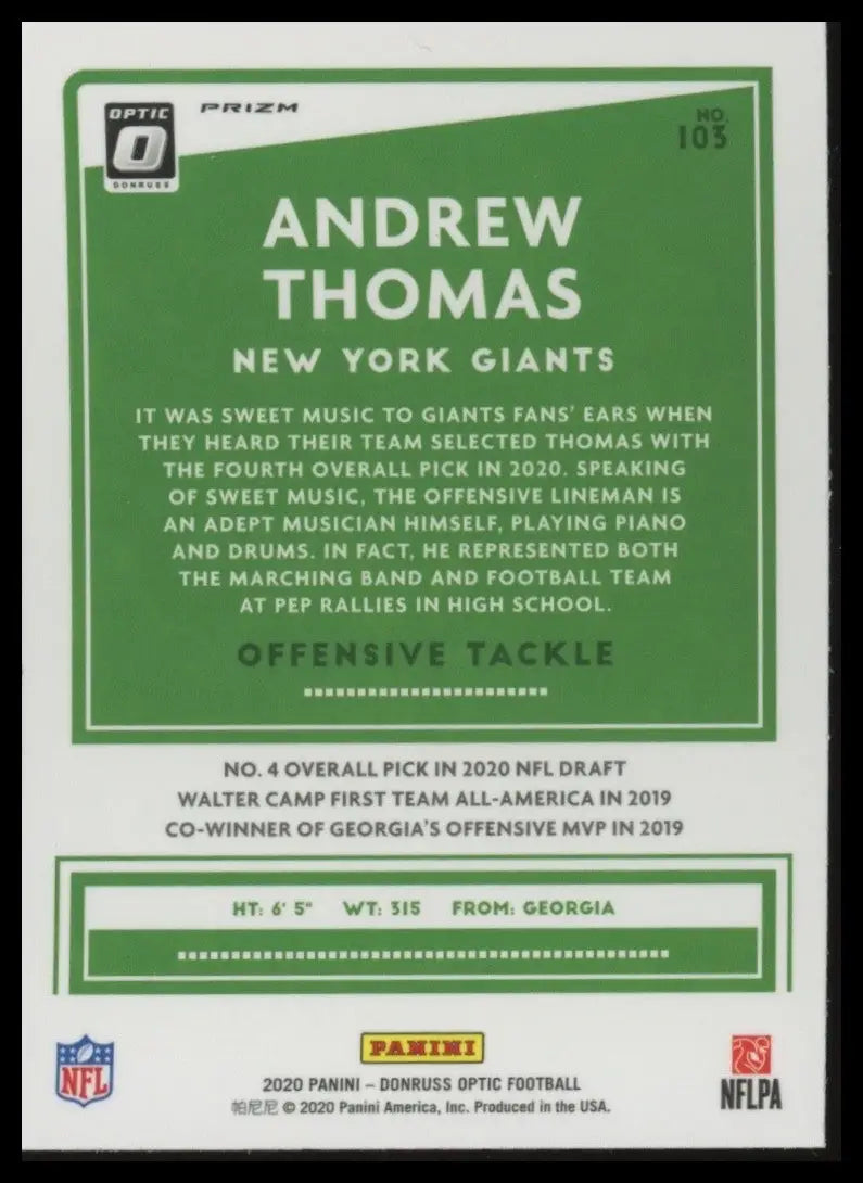 2020 Panini Donruss Optic Holo Rookie Andrew Thomas #103 New York Giants Card - Football Card Single